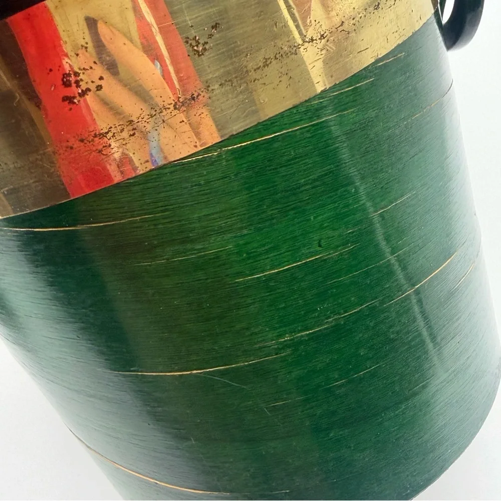 Vintage Ice Bucket Mid Century Modern Green with Gold Trim Plastic Liner